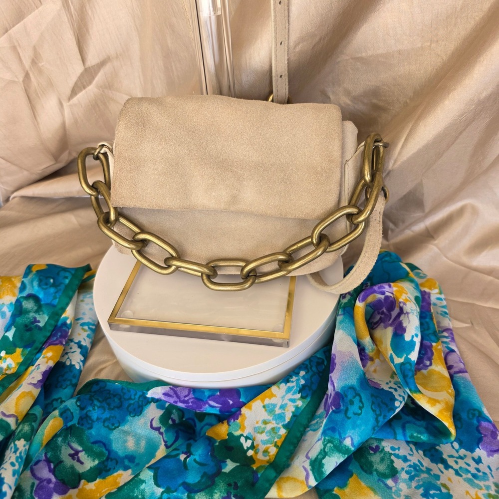Free People Charlie Suede Crossbody Bag Chunky Brass Chain Strap Boho Flap Purse